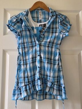 XS Plaid Button Up Blouse "HOPE" Graphic On Inner Shirt